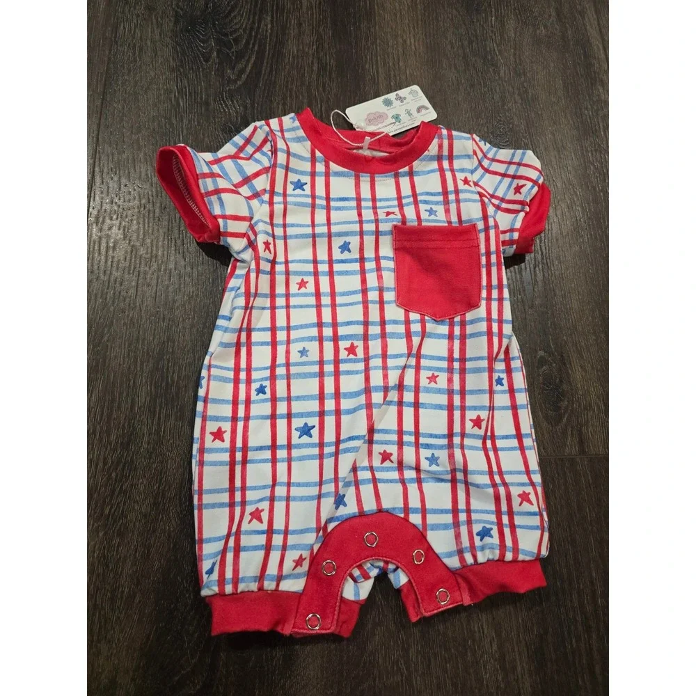 Pete + Lucy Baby Romper 3-6M Red White Blue Plaid Stars Patriotic P+Lush NWT